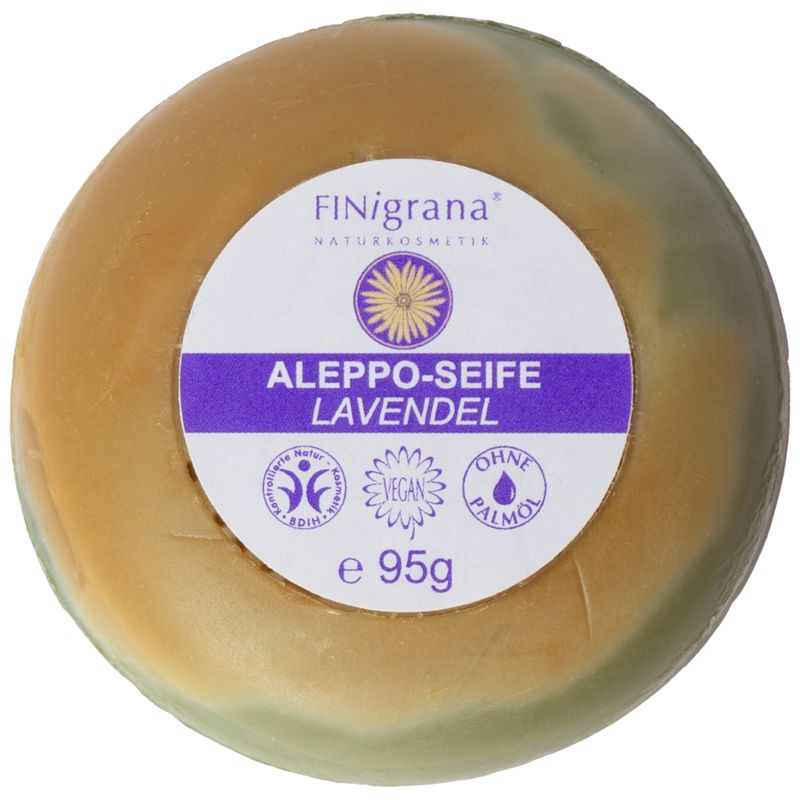 FINigrana® Naturkosmetik FINigrana Aleppo Olivenseife mit rein ätherischem Lavendelöl, 95g rund geformt, milde Pflanzenseife für alle Hauttypen mit zart blumigem Duft - Produktbild
