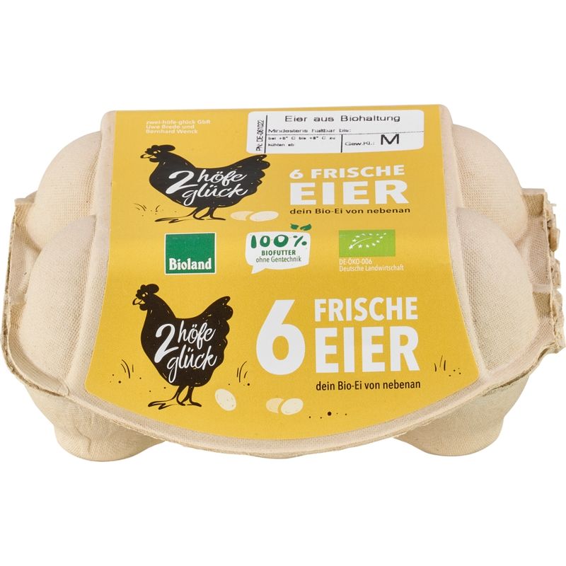 zwei-höfe-glück Bioland Eier zwei-höfe-glück Bioland Eier, Bruderhahn, gepackt 6er, Kl. M/L - Produktbild