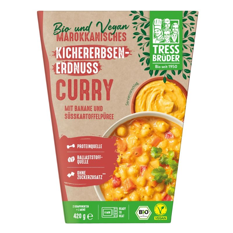 Tress Brüder veganes Bio Marokkanisches Kichererbsen-Erdnuss-Curry mit Banane und Süßkartoffelpüree als Beilage - Produktbild