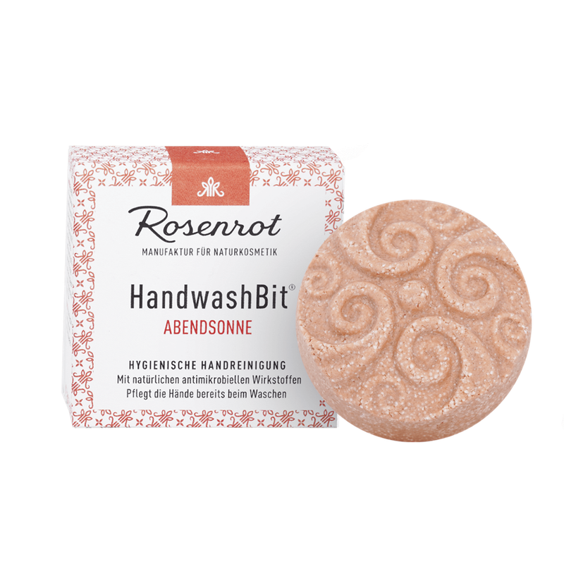 Rosenrot Naturkosmetik HandwashBit® - feste Waschlotion Abendsonne - 60g - in Schachtel - Mit aromatischer Orange und einem Hauch Vanille. Vollaromatisch und fruchtig. - Produktbild