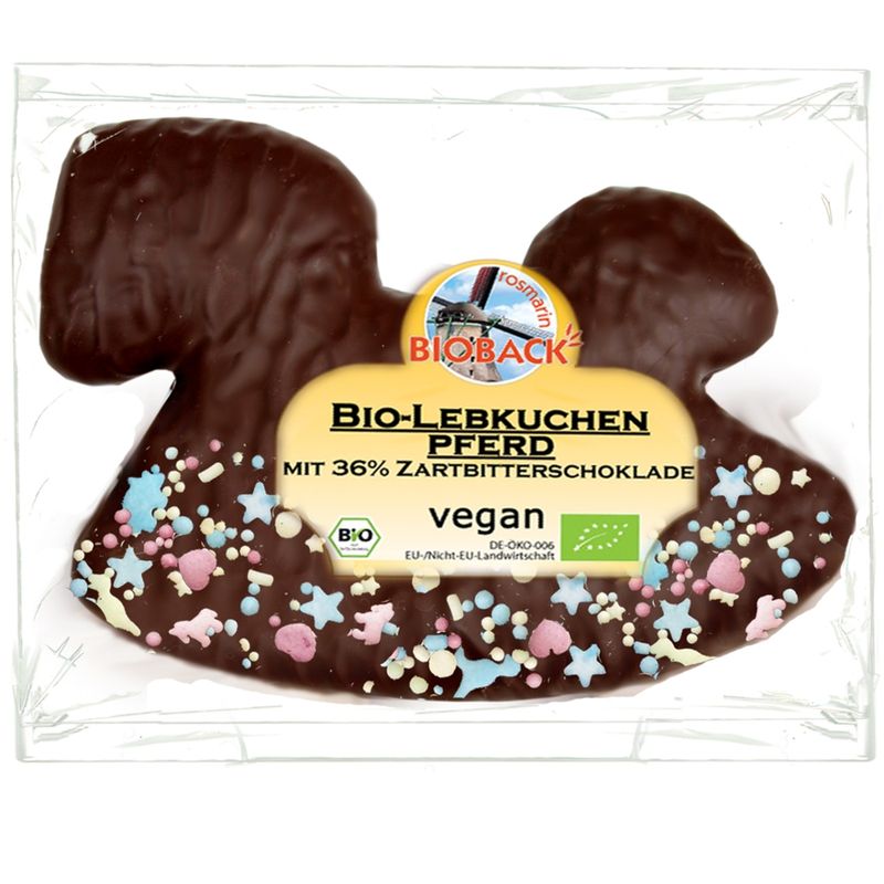 rosmarin BIOBACK Lebkuchen Pferde mit buntem Streusel-Mix und Zartbitterschokolade - Produktbild