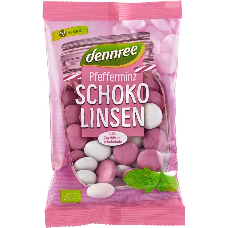 dennree Pfefferminz-Schokolinsen, mit 53% Zartbitterschokolade - Produktbild