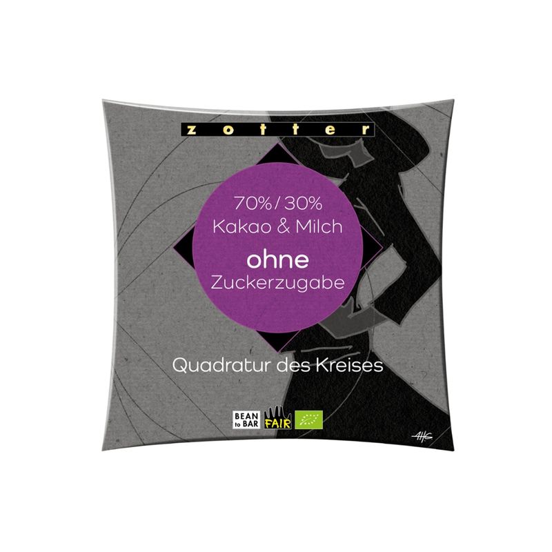 Zotter Schokolade Quadratur des Kreises - 70% / 30% Kakao & Milch ohne Zuckerzugabe - Produktbild
