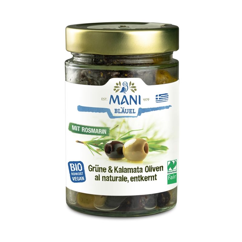 MANI® MANI Grüne & Kalamata Oliven al naturale mit Rosmarin, entkernt, bio, NL Fair - Produktbild