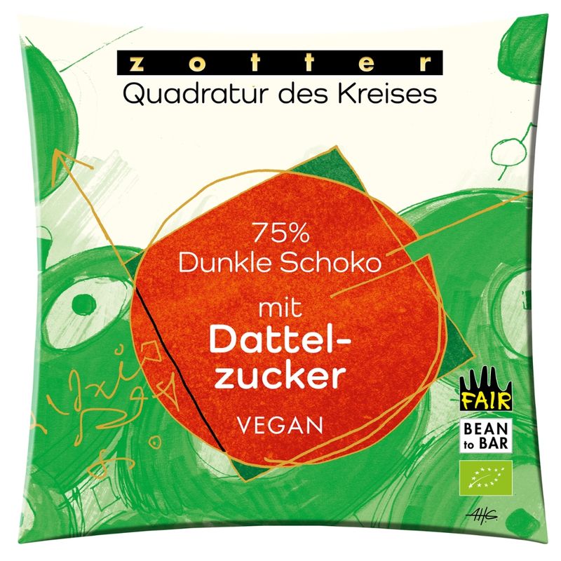 Zotter Schokolade Quadratur des Kreises- 75% Dunkle Schoko mit Dattelzucker - Produktbild