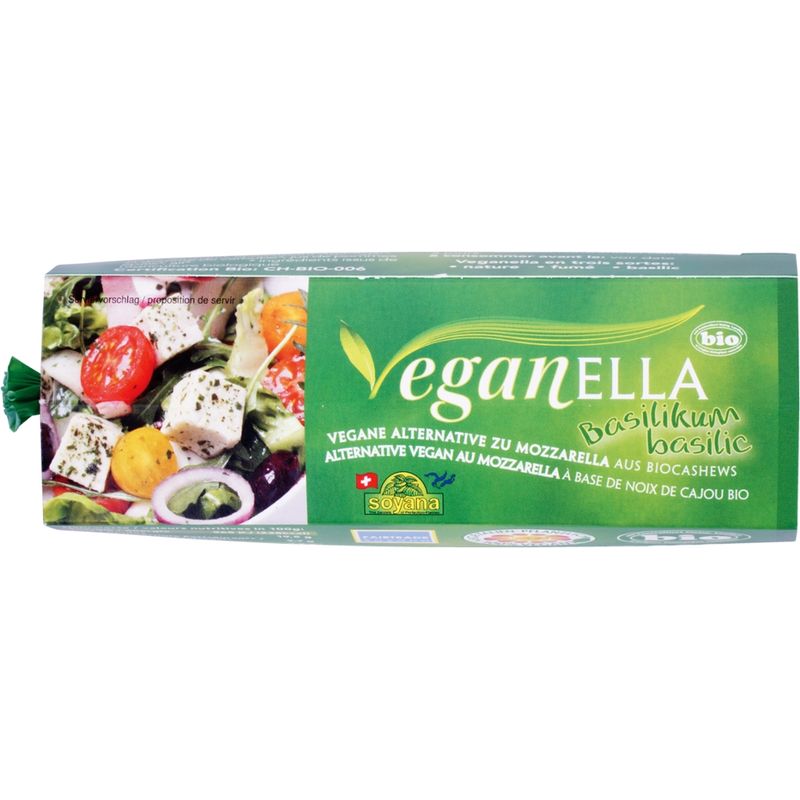 Soyana Veganella Basilikum - pflanzliche Alternative zu Mozzarella auf der Basis von BioCashewnüssen - Produktbild