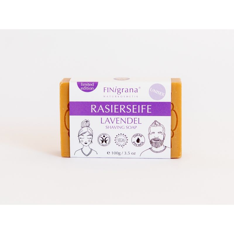 FINigrana® Naturkosmetik FINigrana Rasierseife, Lavendel aus 5 wertvollen, verseiften Pflanzenölen, verfeinert mit rein ätherischem Lavendelöl 100g,  zur milden Nass Rasur, Bartpflege & Haarentfernung , für aller Hauttypen, unisex - Produktbild