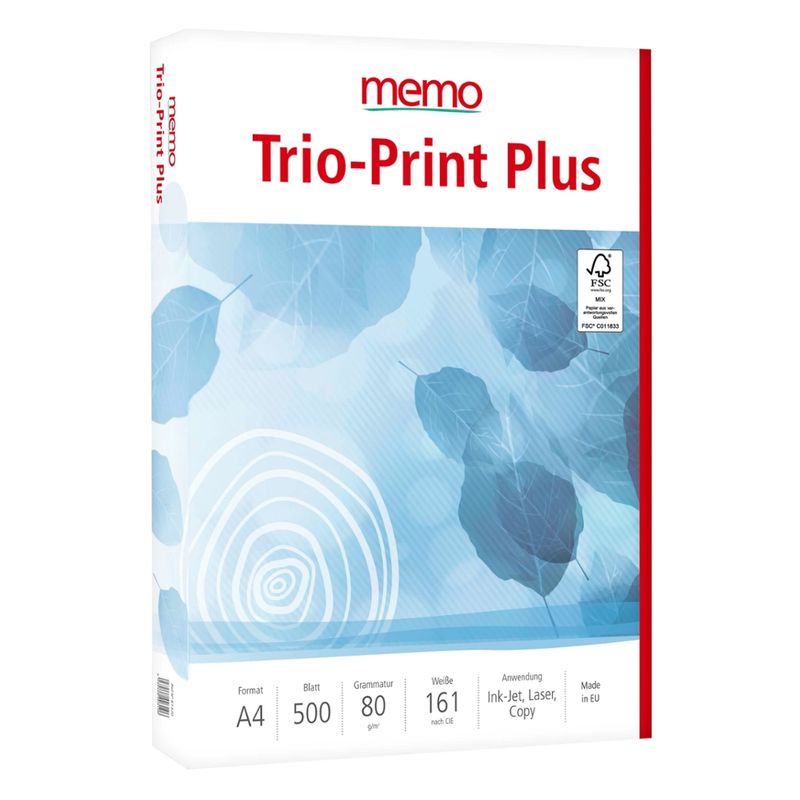 memo 500 Blatt memo Multifunktionales Kopierpapier "Trio-Print Plus" DIN A4, 80g/m² - Produktbild