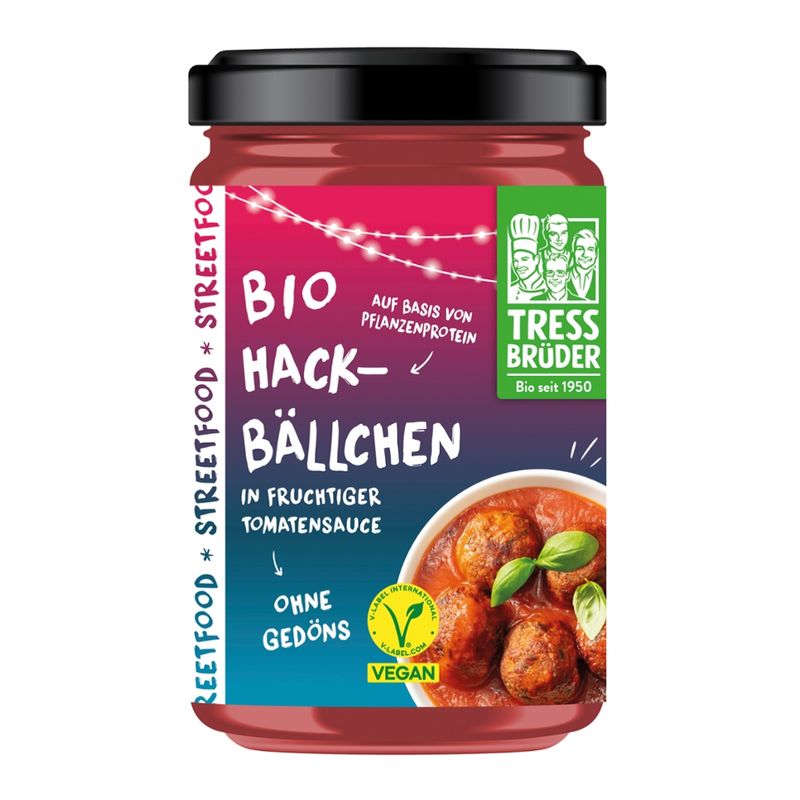 Tress Brüder vegane Bio Hackbällchen auf Basis von Pflanzenprotein in Tomatensauce - Produktbild