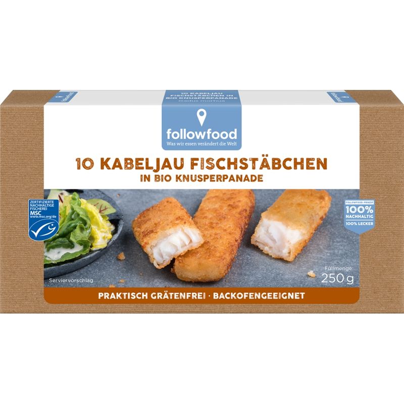 followfood 10 Kabeljau Fischstäbchen in Bio-Panade, praktisch grätenfrei, aus Blöcken geschnitten, vorgebraten, tiefgekühlt. - Produktbild