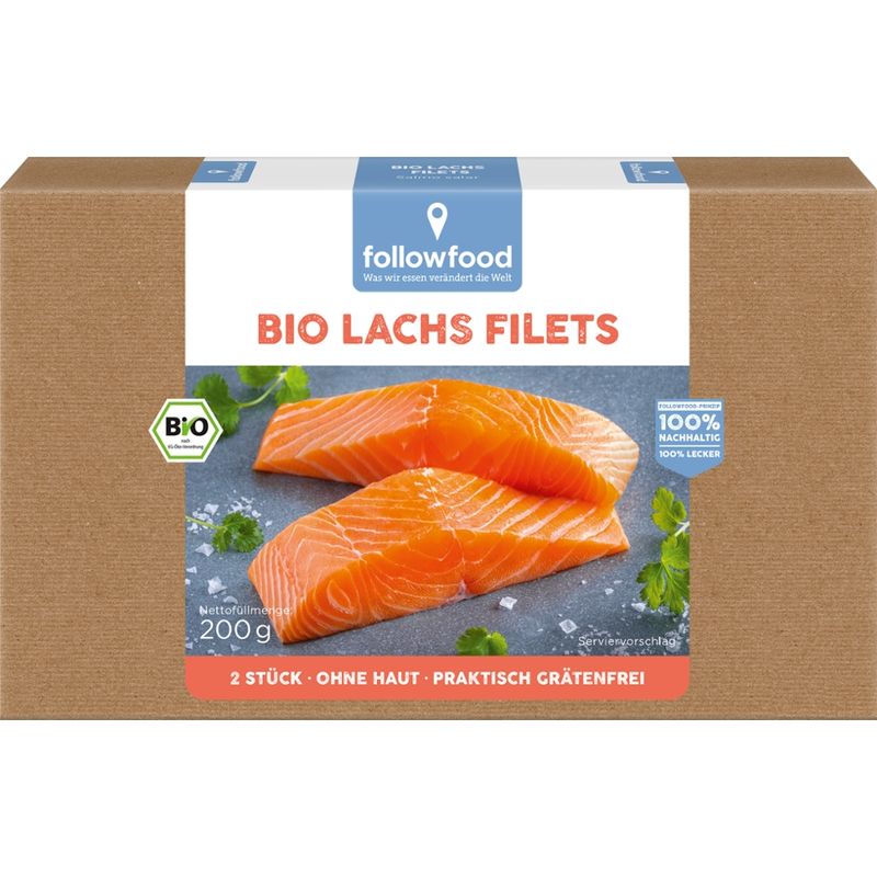 followfood Bio-Lachs Filets, ohne Haut, praktisch grätenfrei, portioniert, tiefgekühlt. - Produktbild