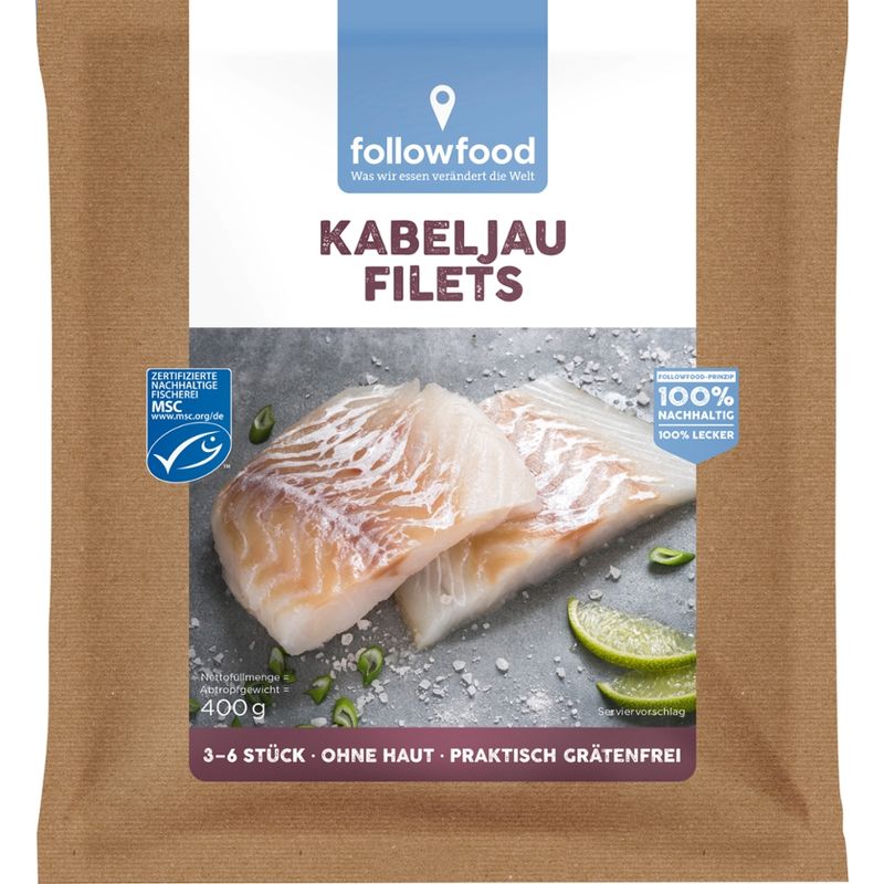 followfood 3–6 Kabeljau Filets, ohne Haut, praktisch grätenfrei, portioniert, tiefgekühlt mit Wasserschutzglasur. - Produktbild