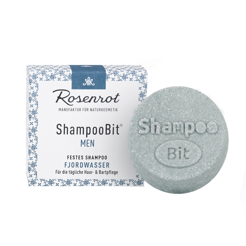 Rosenrot Naturkosmetik festes ShampooBit® MEN Fjordwasser - 60g - in Schachtel - Dieses MEN ShampooBit Fjordwasser für den Mann reinigt mild und ist sanft zur Haut und zum Bart. - Produktbild