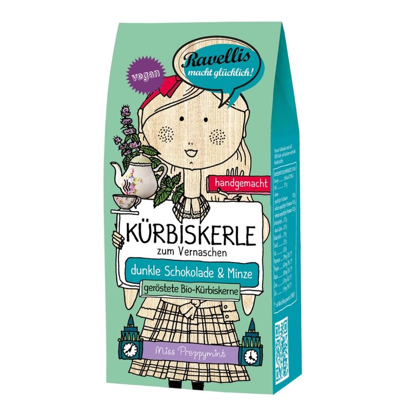 Ravellis "MISS PREPPYMINT" Geröstete Bio-Kürbiskerne veredelt mit dunkler Schokolade & Minze - Produktbild