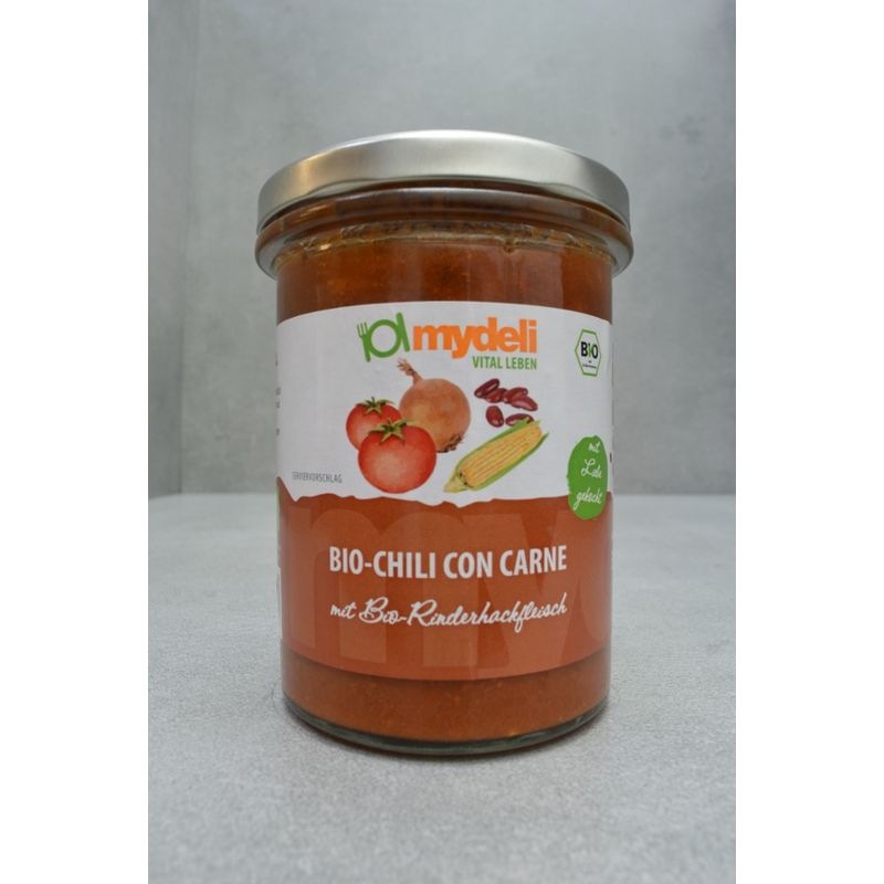 mydeli BIO Chili con carne (Kräftig rotes Chilli mit reinem Rindfleisch, Kidneybohnen und Mais) - Produktbild