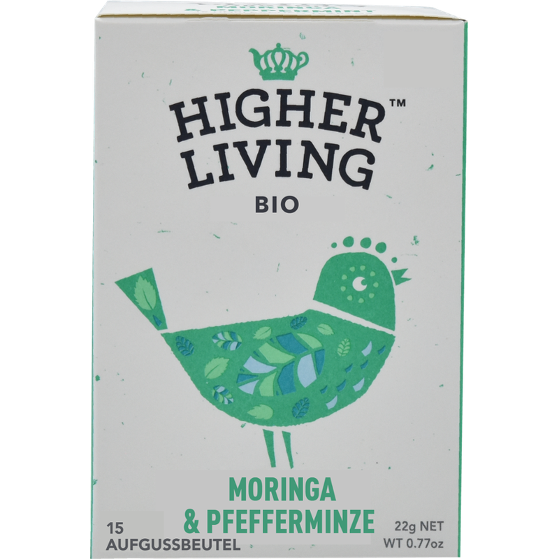 Higher Living Eine erfrischende Mischung aus Moringa und Pfefferminze. Moringa wird oft als "Wunderbaum" bezeichnet und ist frisch mit einem überraschenden Tritt. - Produktbild