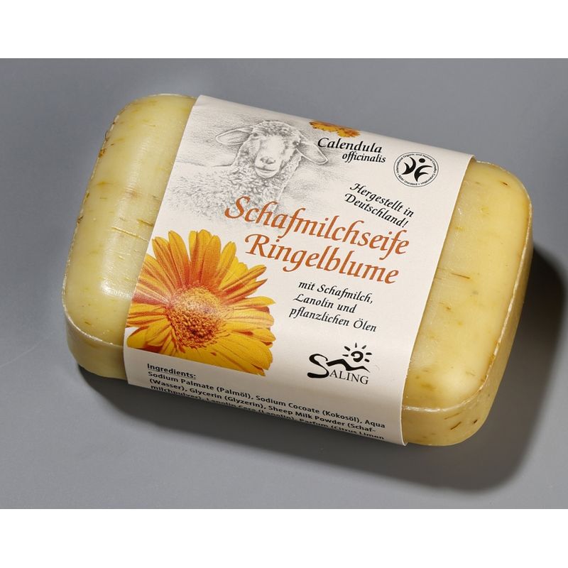 Saling Schafmilchseife Ringelblume 100g  mit Banderole, BDIH zertifiziert, im Verkaufsdisplay - Produktbild