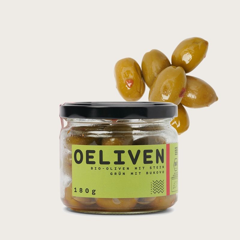 OEL  OELIVEN Bio Oliven mit Stein, Grün mit Bukovo, pikant, 180 g - Produktbild