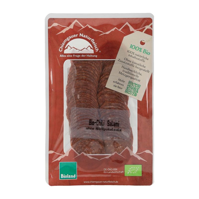 Chiemgauer Naturfleisch Chili-Salami, geschnitten, 70 g, SB, kbA - Produktbild