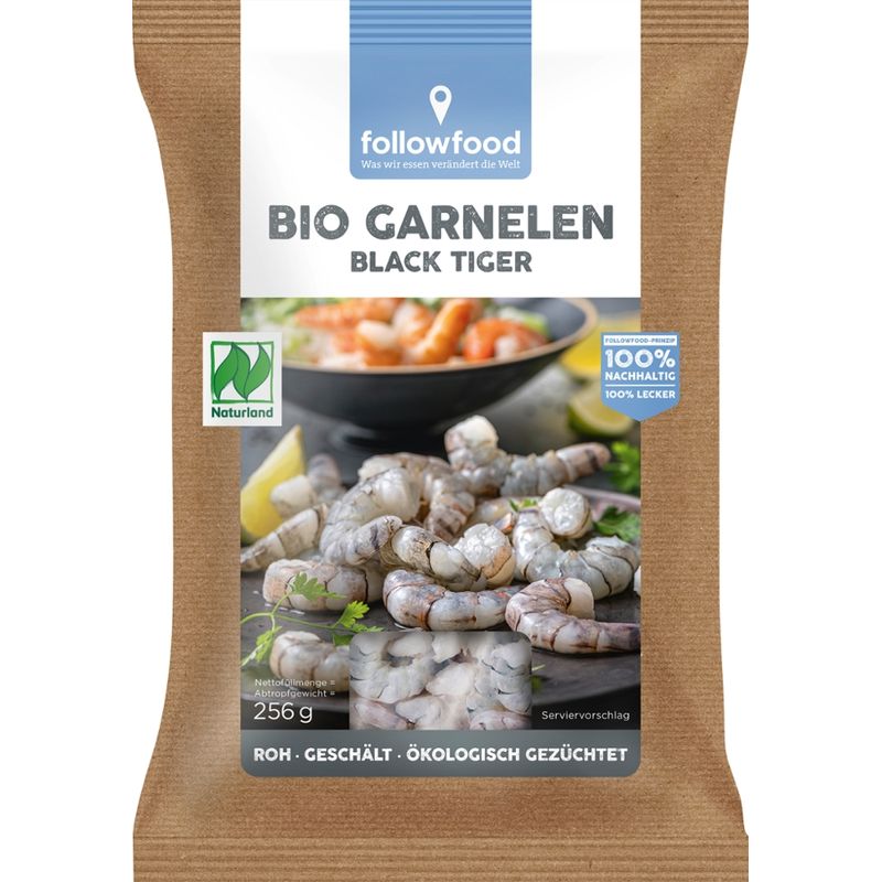 followfood Bio Black Tiger Garnelen geschält, roh, ohne Kopf, geschält, tiefgekühlt mit Wasserschutzglasur, aus biologischer Aquakultur - Produktbild