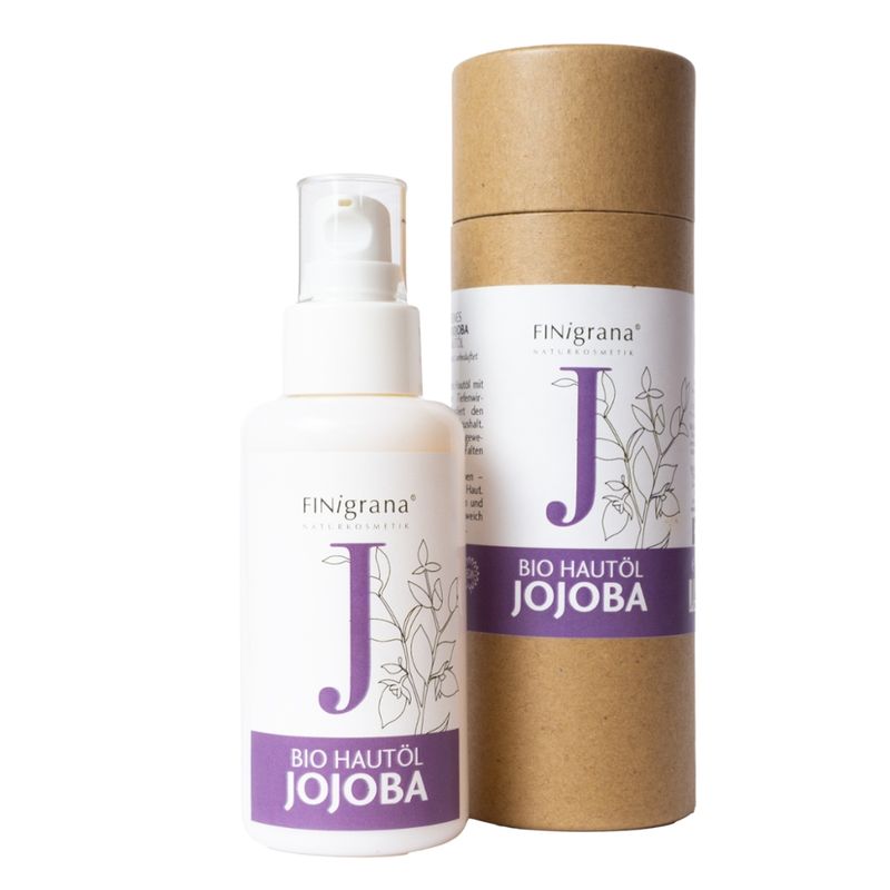 FINigrana® Naturkosmetik FINigrana® Bio Jojoba-Haut-Öl, "Gold" - kaltgepresst, 100ml in Opalglasflasche mit Lotionspumpe und Licht & Transport Schutz Kartonröhre - Produktbild