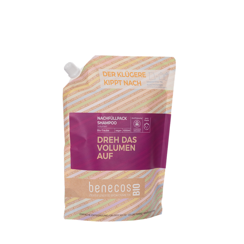 benecos benecosBIO Nachfüllbeutel 1000 ml Shampoo Volumen BIO-Traube - DREH DAS VOLUMEN AUF - Produktbild