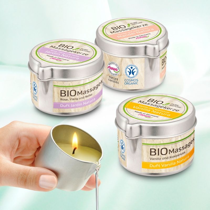 stuwa BIO Massagekerze Metalldose mit Ausgießer 50 ml Vanilla Natura BDIH Cosmos Organic - Produktbild