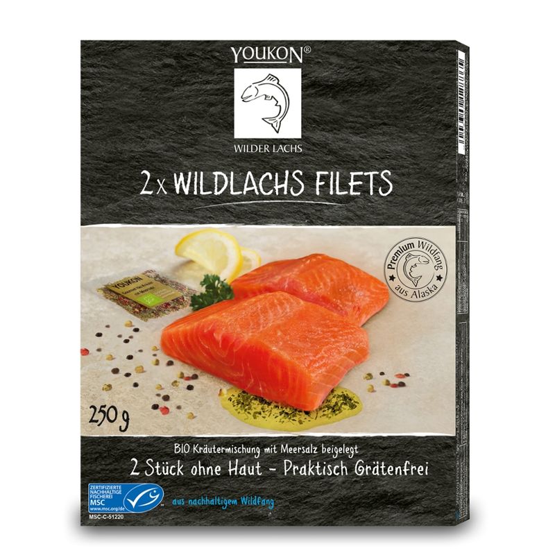Youkon Wilder Lachs  Youkon Wildlachs Filets (Oncorhynchus Gorbuscha) 250 g/2 zarte Filets mit beigelegter Bio-Kräutermischung und Meersalz MSC zertifiziert - Produktbild