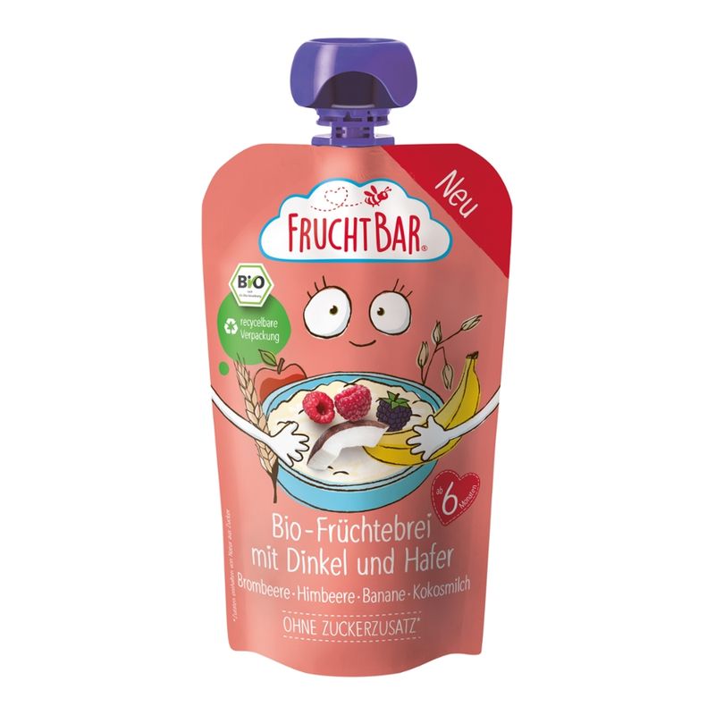 FruchtBar  FruchtBar - Bio-Früchtebrei mit Dinkel und Hafer   Brombeere, Himbeere, Banane, Kokosmilch - Produktbild