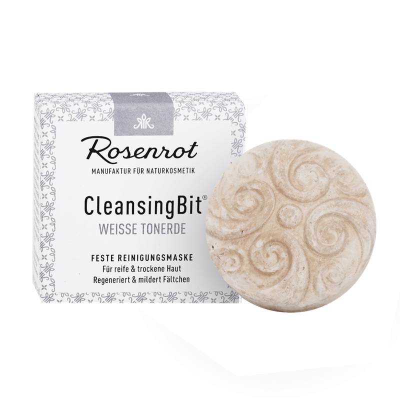 Rosenrot Naturkosmetik CleansingBit® mit weißer Tonerde - 65g - in Schachtel - Mildert Fältchen und gibt ein pralles Hautgefühl. - Produktbild