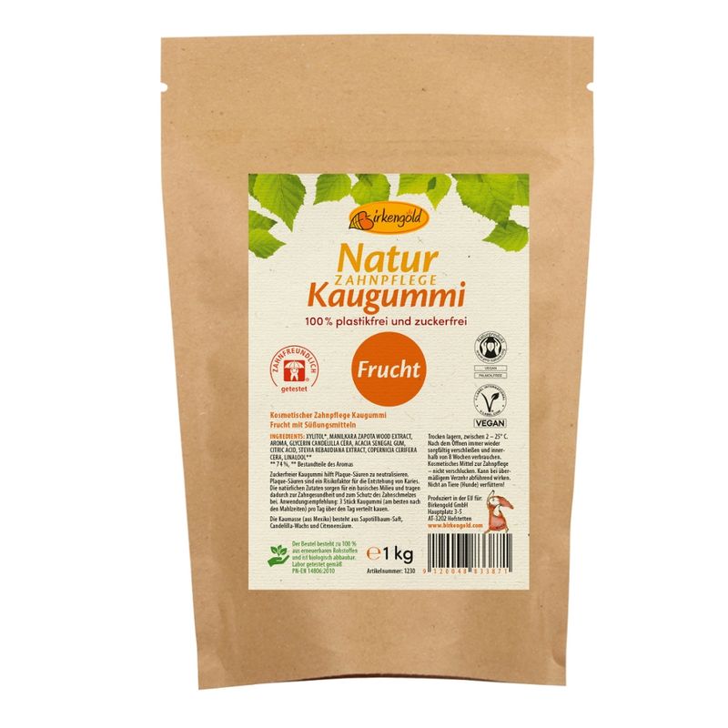 Birkengold Birkengold Zahnpflege Natur Kaugummi Frucht - plastikfrei -  Beutel - Produktbild