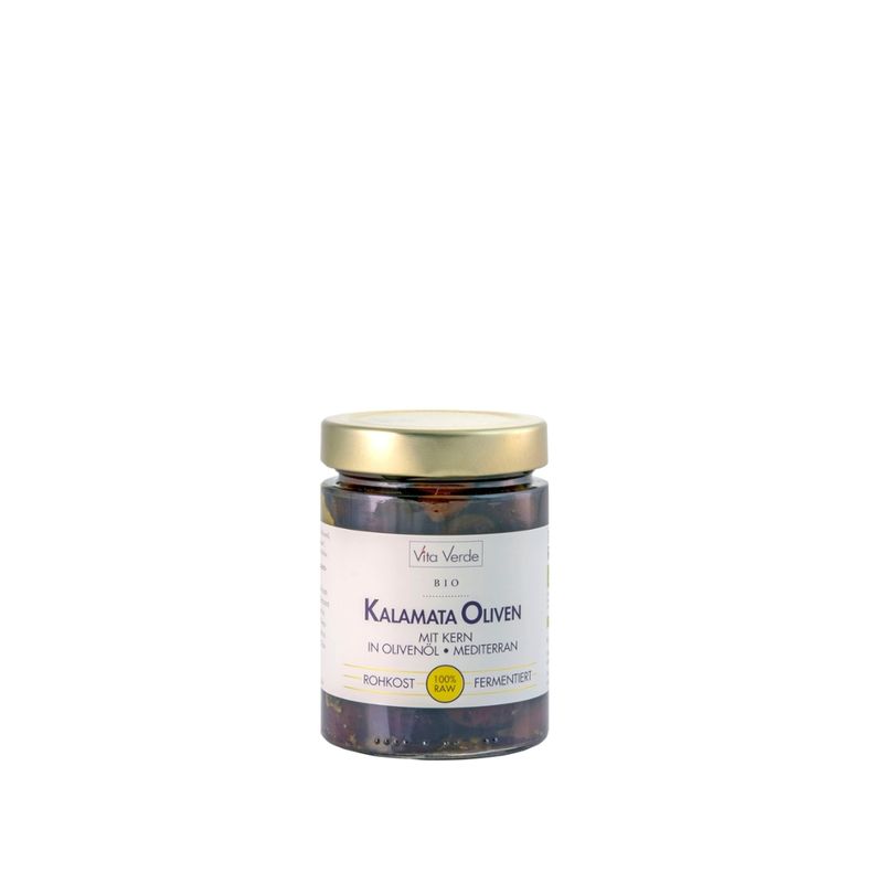 Vita Verde Kalamata Oliven mit Kern in Olivenöl 330 g in 100 % Rohkostqualität - Produktbild