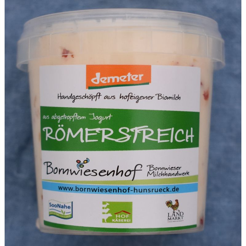 Bornwieser Milchhandwerk Römerstreich, Frischkäse hergestellt aus hofeigenem, handverschöpften Jogurt mit Salz und würzigen Kräutern - Produktbild
