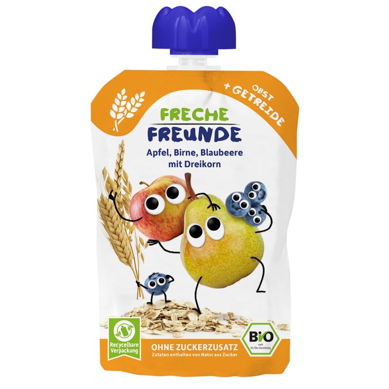 Freche Freunde FF Bio Quetschie Apfel, Birne, Blaubeere mit Dreikorn - Produktbild