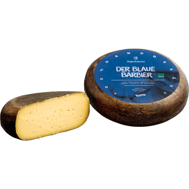 Hafenkäserei Der Blaue Barbier, Bio-Schnittkäse 50% Fett i.Tr. veredelt mit Whisky, Rosmarin, Blaubeeren - Produktbild