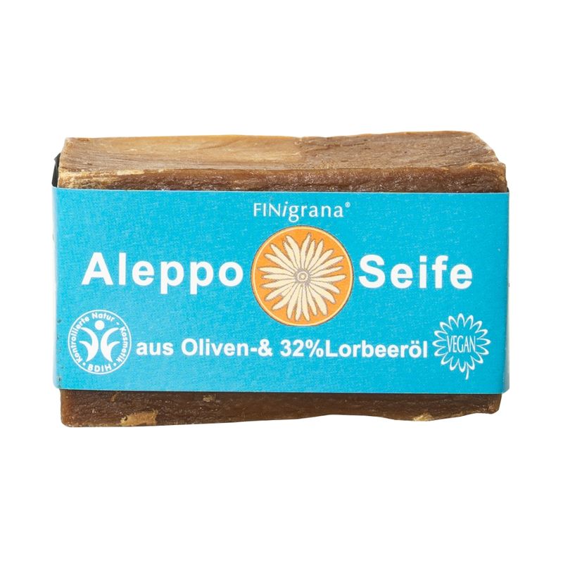 FINigrana® Naturkosmetik FINigrana Aleppo Olivenseife mit 32% Lorbeeröl, 165g traditionell handgeschnittener Naturblock, reine Pflanzenseife für alle Hauttypen - Produktbild