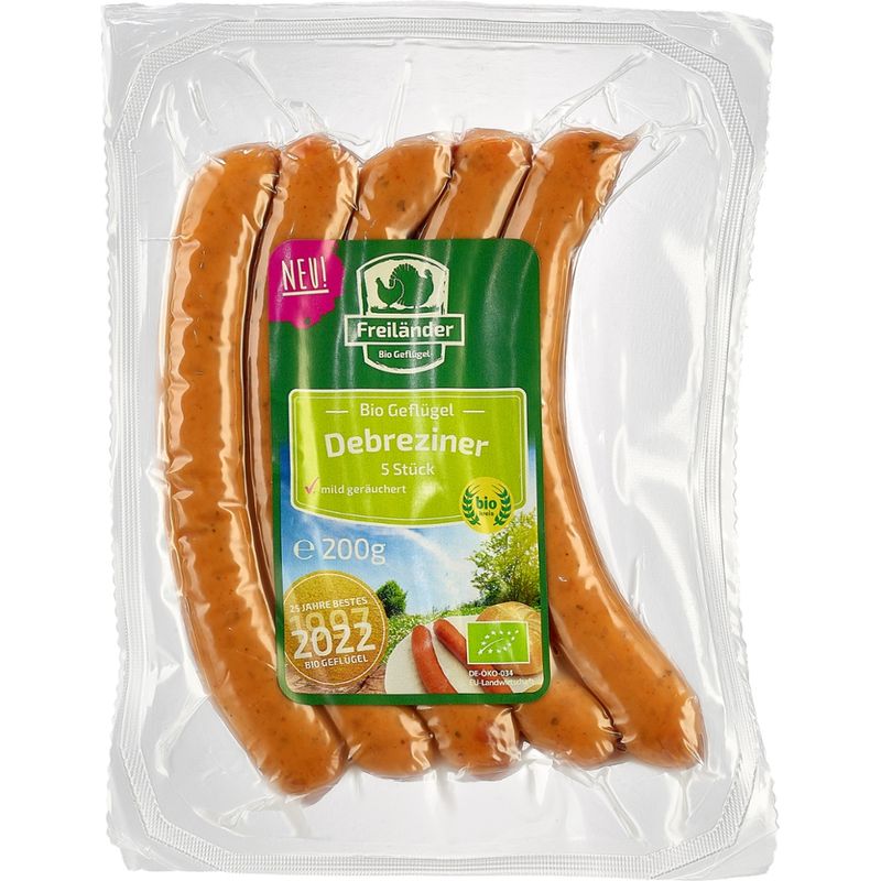 Freiländer Bio Geflügel Geflügel Debreziner, 5 x 40g vac., frisch, Bio im 3er Gebinde - Produktbild