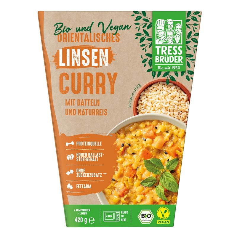 Tress Brüder veganes Bio orientalisches Linsen-Curry mit Datteln und Naturreis als Beilage - Produktbild