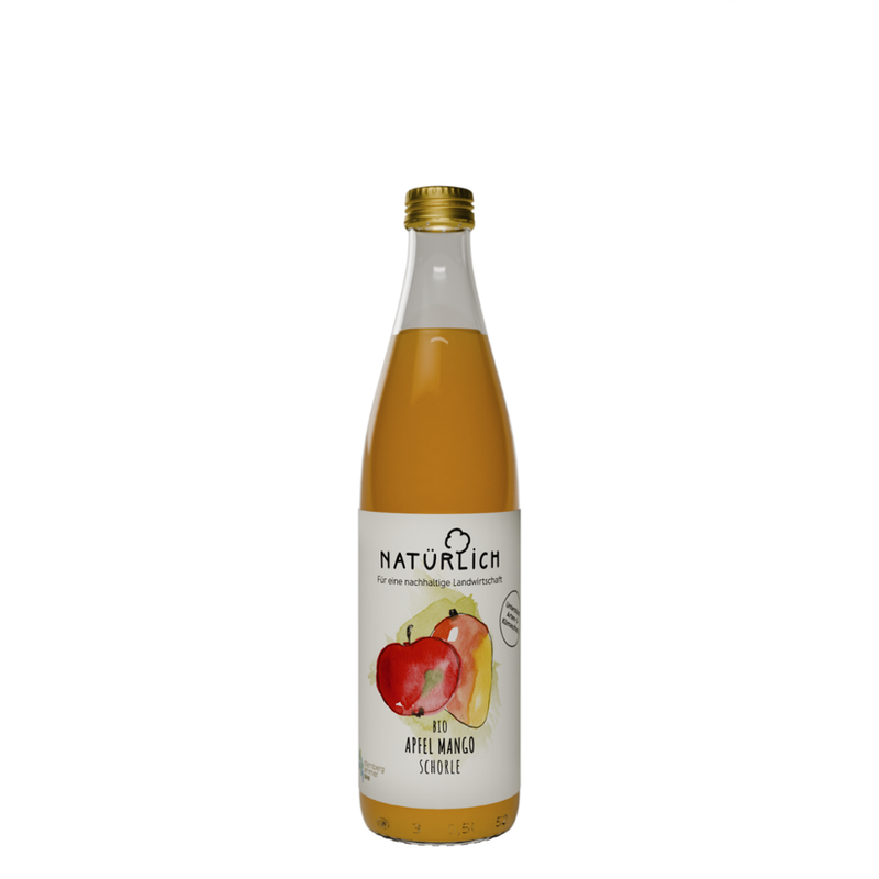 Natürlich Apfel Mango Schorle - naturtrübe Schorle aus Direktsaft aus Äpfel vom eigenen Anbau am Ammersee mit Mangopüree verfeinert - Produktbild