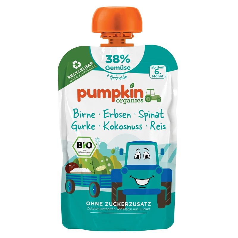 Pumpkin Organics Bio Quetschie mit Birne, Erbsen, Spinat, Gurke, Kokosnuss und Reis - Produktbild