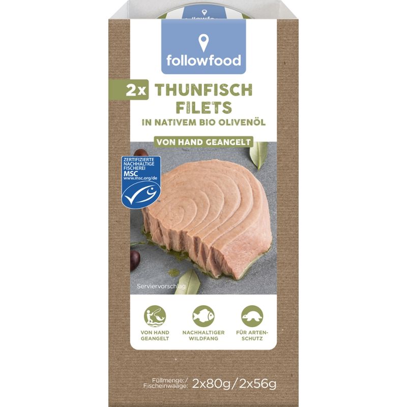followfood 2 x MSC Thunfisch Filets in nativem Bio Olivenöl, von Hand geangelt, Doppeldose - Produktbild
