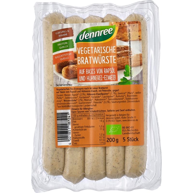 dennree Vegetarische Bratwurst auf Basis von Rapsöl und Hühnerei-Eiweiß - Produktbild