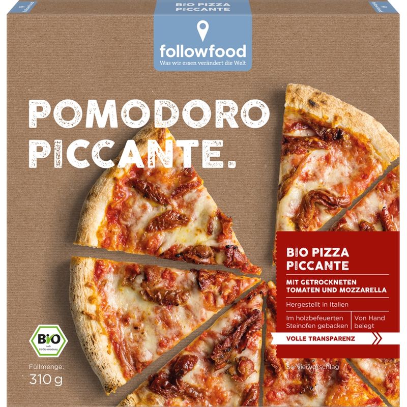 followfood Bio Pizza Piccante, mit getrockneten Tomaten und Mozzarella - Produktbild