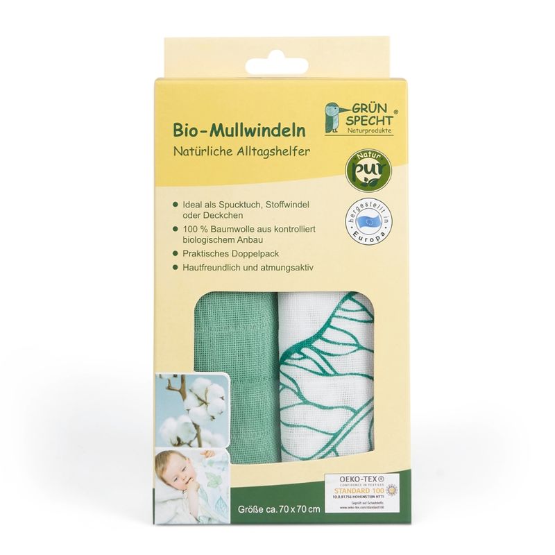 GRÜNSPECHT Naturprodukte Bio-Mullwindeln 2er Pack 4er VE, 70x70 cm, 100% Baumwolle (kbA), hergestellt in Deutschland - Produktbild