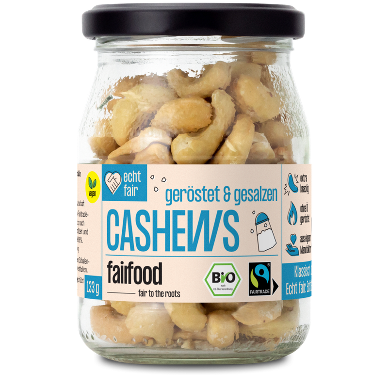 fairfood Freiburg Faire Cashews geröstet & gesalzen (133g, Pfandglas klein, Bio & Fairtrade) - Produktbild