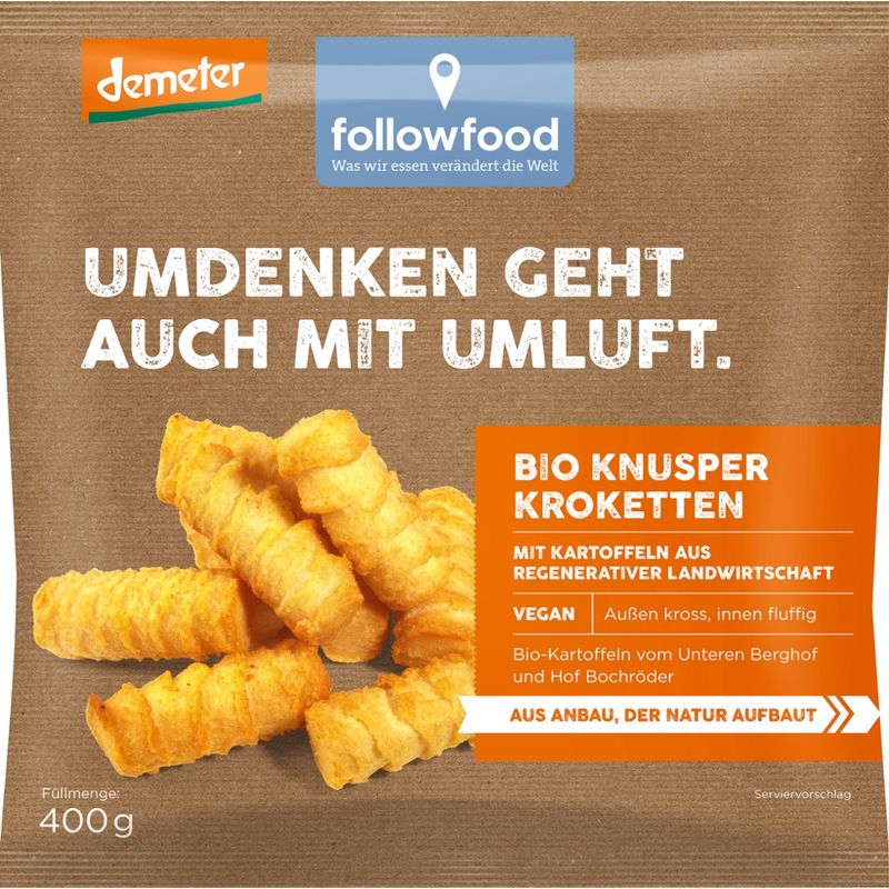 followfood Pürierte Kartoffeln, gewürzt, zu Kroketten geformt, in Rapsöl gebacken, tiefgefroren. - Produktbild