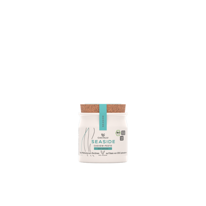 Cachuu! Cachuu! Cashew-Pesto Seaside, Keramiktopf, 40g, Trockenmischung zum selber Anrühren mit Wasser und Öl, ergibt die 2-3fache Menge, als Pesto, Dip, Marinade, Aufstrich oder Topping - Produktbild