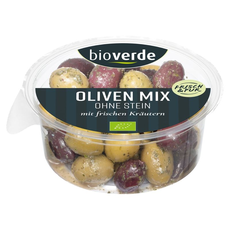bio-verde Oliven-Mix ohne Stein mariniert mit frischen Kräutern 150 g - Produktbild