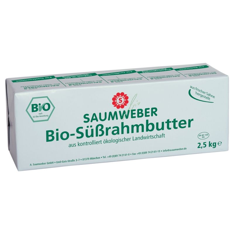 Saumweber Bio Bio-Süßrahmbutter  2,5 kg Stange10 kg Karton DE-ÖKO-006 - Herkunft: EU-Landwirtschaft - Produktbild