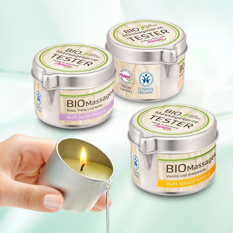 stuwa BIO Massagekerze Metalldose mit Ausgießer 50 ml Mandel Natura BDIH Cosmos Organic   TESTER - Produktbild